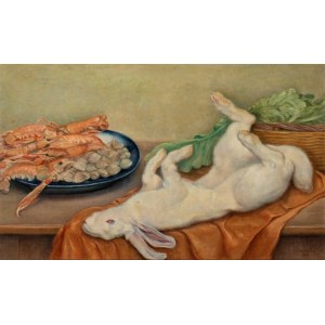 Still life with hare and seafood 1954 Oil on canvas 55 x 88 cm Signed and dated lower right: C. Socrate, 1954.. State of conservation: good, Still life with hare and seafood 1954 Oil on canvas 55 x 88 cm Signed and dated lower right: C. Socrate, 1954.. St