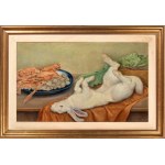 Still life with hare and seafood 1954 Oil on canvas 55 x 88 cm Signed and dated lower right: C. Socrate, 1954.. State of conservation: good, Still life with hare and seafood 1954 Oil on canvas 55 x 88 cm Signed and dated lower right: C. Socrate, 1954.. St