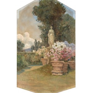 Garden with statue of Tuscan villa 1906 Oil on canvas 193 x 121.5 cm approx. Signed and dated lower right: Adolfo Tommasi, 1906 State of conservation: good. Needs surface cleaning, Garden with statue of Tuscan villa 1906 Oil on canvas 193 x 121.5 cm appro