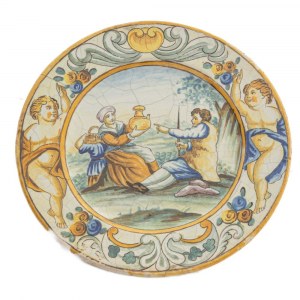 Polychrome ceramic plate early 20th century diameter 21 x 1.5 cm with decoration on the brim with cherubs and flower festoons, in the hollow bucolic scene with characters. Probably Castelli D&#39;Abruzzo manufacture. State of preservation: good., Polychro