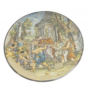 Pump plate early 20th century diameter 47 x 5 cm full-bottom in polychrome ceramic, with a slightly raised rim and a base with a support ring. Decoration in the cavity with a sacrifice scene taken from the ancient polychrome. Probably manufactured in Napl