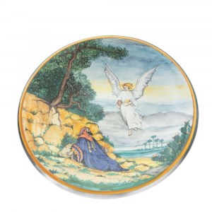 Elijah fed by an angel, polychrome ceramic pomp plate 1998 41 x 5 cm full-bottom with slightly everted rim, lowered bottom on the back. Signed, dated and titled on the back in black under the glaze. State of preservation: very good., Elijah fed by an ange