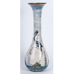 Pear-shaped vase 1920s 45 x 12.5 x 9.5 cm in polychrome ceramic. Globular body with long neck with flared rim and ring rest. Decoration with birds on a marshy background and blue sky with birds on a white background. MAP manufacture (Ferruccio Mengaroni) 