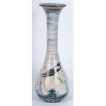 Pear-shaped vase 1920s 45 x 12.5 x 9.5 cm in polychrome ceramic. Globular body with long neck with flared rim and ring rest. Decoration with birds on a marshy background and blue sky with birds on a white background. MAP manufacture (Ferruccio Mengaroni) 