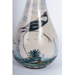 Pear-shaped vase 1920s 45 x 12.5 x 9.5 cm in polychrome ceramic. Globular body with long neck with flared rim and ring rest. Decoration with birds on a marshy background and blue sky with birds on a white background. MAP manufacture (Ferruccio Mengaroni) 