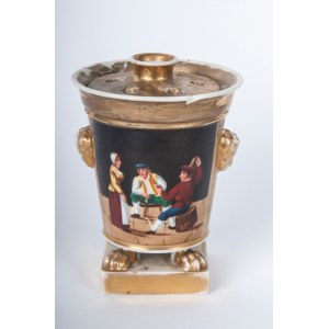Porcelain tulip vase Naples, second half of the 19th century 12 x 9.5 x 6.5 cm in the shape of a cup tapered towards the bottom with four feral feet that rest on a square base, cherub-head handles and a perforated disc lid. Decoration with landscape and c