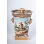 Porcelain tulip vase Naples, second half of the 19th century 12 x 9.5 x 6.5 cm in the shape of a cup tapered towards the bottom with four feral feet that rest on a square base, cherub-head handles and a perforated disc lid. Decoration with landscape and c