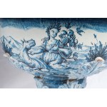 Pair of ceramic vases in a truncated conical shape mid 20th century 57 x 50 cm with slightly everted polylobed rim, body tapered towards the bottom resting on square bases. Decoration with views of cities, landscapes and allegorical figures in blue on a w