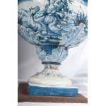 Pair of ceramic vases in a truncated conical shape mid 20th century 57 x 50 cm with slightly everted polylobed rim, body tapered towards the bottom resting on square bases. Decoration with views of cities, landscapes and allegorical figures in blue on a w