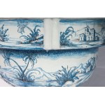 Pair of ceramic vases in a truncated conical shape mid 20th century 57 x 50 cm with slightly everted polylobed rim, body tapered towards the bottom resting on square bases. Decoration with views of cities, landscapes and allegorical figures in blue on a w
