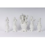 Set of white porcelain music-making angels composed of: 19 x 7.5 cm; 16 x 5 cm a centerpiece with four angels and four single angels all on a pedestal in the shape of a bud. Ginori manufacture. first half of the 20th century State of conservation: one ang