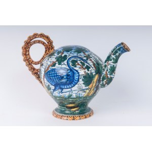 &quot;Drink if you can&quot; first quarter of the 20th century 22 x 29 x 11 cm in polychrome ceramic with peacock, leaf and shrub decoration. Globular shape tapered towards the bottom with disc foot, comma-shaped spout and spiral handle. Signed on the bas