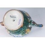 &quot;Drink if you can&quot; first quarter of the 20th century 22 x 29 x 11 cm in polychrome ceramic with peacock, leaf and shrub decoration. Globular shape tapered towards the bottom with disc foot, comma-shaped spout and spiral handle. Signed on the bas