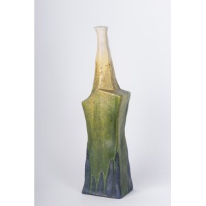 Bottle, volume sculpture 45 x 12 x 9 cm in purple, green, yellow and cream, rectangular shape. Signed under the base State of preservation: very good, Bottle, volume sculpture 45 x 12 x 9 cm in purple, green, yellow and cream, rectangular shape. Signed un