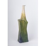 Bottle, volume sculpture 45 x 12 x 9 cm in purple, green, yellow and cream, rectangular shape. Signed under the base State of preservation: very good, Bottle, volume sculpture 45 x 12 x 9 cm in purple, green, yellow and cream, rectangular shape. Signed un