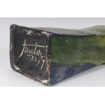 Bottle, volume sculpture 45 x 12 x 9 cm in purple, green, yellow and cream, rectangular shape. Signed under the base State of preservation: very good, Bottle, volume sculpture 45 x 12 x 9 cm in purple, green, yellow and cream, rectangular shape. Signed un