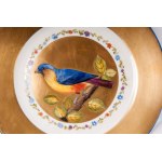 Lot of six knife plates diameter 24.6 x 2.6 cm in polychrome porcelain with a golden brim and blue trim. Wide white-bottomed hollow with a reproduction of a bird within a golden reserve. Ring-shaped back on a lowered background with a blue manufacturing s