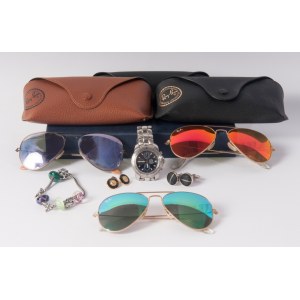 Lot of seven objects: second half of the 20th century three Ray-Ban sunglasses, a Trollbeads bracelet, a Sector no Limits quartz wristwatch and two pairs of metal cufflinks., Lot of seven objects: second half of the 20th century three Ray-Ban sunglasses, 