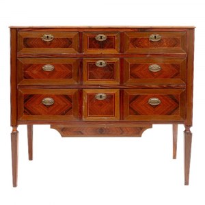 rectangular five-drawer chest of drawers 19th century 95 x 108 x 53 cm with four truncated conical legs in mahogany wood with geometric threads in fruit wood and brass on the front, sides and top. Portuguese manufacture. State of preservation: good, recta