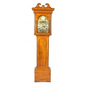 English Georgian Tower Clock 19th century Height x width x depth: 218 x 60 x 30 cm. cherry plated pine case, circular brass and silver dial signed Robert Smith Irven, with Arabic and Roman numerals, subsidiary dials. Pendulum regulator and hour and half-h