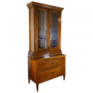 Chest of drawers with two drawers lift Italy mid 19th century 227 x 104 x 47 cm rectangular base, truncated cone legs in walnut wood, two-door shelf and two shelves, glass part. Good state of preservation., Chest of drawers with two drawers lift Italy mid