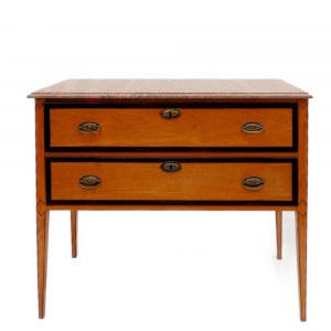 Two-drawer chest of drawers, 19th century 90 x 107 x 55 cm rectangular wooden shape, with four truncated cone legs with fruitwood threads on the font, sides and legs, marble top not pertinent. Brass hardware. State of preservation: good., Two-drawer chest