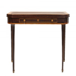 Rectangular shaped game book table 19th/20th century closed 77 x 88 x 42 cm; open 84 cm with a drawer, green cloth top with rectangular fruitwood finishes, truncated conical legs. State of preservation: good., Rectangular shaped game book table 19th/20th 