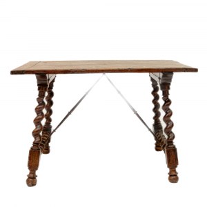 Goat-shaped table in walnut wood, 82 x 127 x 77 cm with four twisted legs, connected at the base by two wrought iron spears. Table with reassembled antique elements. Condition: good, wear and tear as per use over time., Goat-shaped table in walnut wood, 8