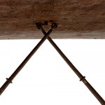 Goat-shaped table in walnut wood, 82 x 127 x 77 cm with four twisted legs, connected at the base by two wrought iron spears. Table with reassembled antique elements. Condition: good, wear and tear as per use over time., Goat-shaped table in walnut wood, 8