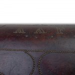 Leather and wood trunk, Indo/Portuguese art, early 19th century 57 x 106 x 57 cm with brass stud finishes, interior lined with fabric painted with floral and parrot motifs. Condition: good with small signs of wear due to use over time., Leather and wood t