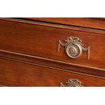 Rectangular wooden chest of drawers late 19th early 20th century 88 x 97.5 x 46 cm with four drawers, truncated cone leg with lateral and frontal squares in the drawers. Geometric profiling on the fruit wood top State of preservation: good, Rectangular wo