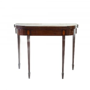 Mahogany book-style table late 19th century closed 73 x 91 x 45 cm; open 71 x 91 x 90 cm rectangular in shape with rounded corners and four tapered legs. Red cloth top, geometric decorative elements with fruitwood fillets along the top band and on the leg