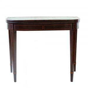 Mahogany book-style table late 19th early 20th century closed 76 x 92 x 42 cm; open 74 x 92 x 89 cm rectangular in shape with rounded corners, with four tapered truncated conical legs tapering towards the bottom. Red cloth top, rectangular decorative elem