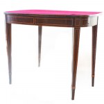 Mahogany book-style table late 19th early 20th century closed 76 x 92 x 42 cm; open 74 x 92 x 89 cm rectangular in shape with rounded corners, with four tapered truncated conical legs tapering towards the bottom. Red cloth top, rectangular decorative elem