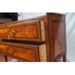 Pair of small commodes late 19th early 20th century 74 x 92 x 40 cm rectangular in shape with truncated cone legs, ending with bronze thimbles, with two drawers and a small drawer in the band under the top. Decorated with geometric motifs on the top, fron