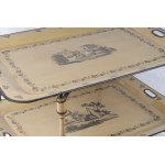 Folding table first quarter of the 20th century 57 x 82 x 82 cm in pistachio green lacquered metal with black finishes. It features two food trays per shelf decorated with floral motifs and a genre scene en suite with the table uprights. State of preserva