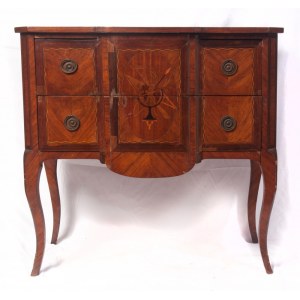 Two-drawer chest of drawers first half of the 20th century 80 x 84 x 42 cm rectangular in shape with a projecting front and four sabre legs. In mahogany veneered wood. Geometric fruitwood finishes and central medallion on the front with line inlaid measur