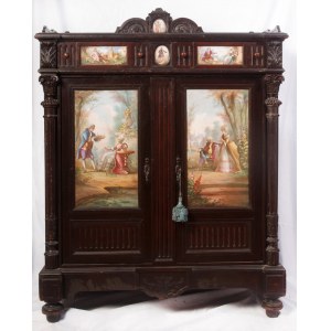 Ebonized wood sideboard early 20th century 120 x 94 x 45 cm with two doors and two drawers with polychrome porcelain plaque finishes with genre scenes. State of preservation: good, Ebonized wood sideboard early 20th century 120 x 94 x 45 cm with two doors