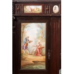 Ebonized wood sideboard early 20th century 120 x 94 x 45 cm with two doors and two drawers with polychrome porcelain plaque finishes with genre scenes. State of preservation: good, Ebonized wood sideboard early 20th century 120 x 94 x 45 cm with two doors