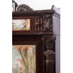 Ebonized wood sideboard early 20th century 120 x 94 x 45 cm with two doors and two drawers with polychrome porcelain plaque finishes with genre scenes. State of preservation: good, Ebonized wood sideboard early 20th century 120 x 94 x 45 cm with two doors