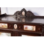Ebonized wood sideboard early 20th century 120 x 94 x 45 cm with two doors and two drawers with polychrome porcelain plaque finishes with genre scenes. State of preservation: good, Ebonized wood sideboard early 20th century 120 x 94 x 45 cm with two doors