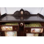 Ebonized wood sideboard early 20th century 120 x 94 x 45 cm with two doors and two drawers with polychrome porcelain plaque finishes with genre scenes. State of preservation: good, Ebonized wood sideboard early 20th century 120 x 94 x 45 cm with two doors
