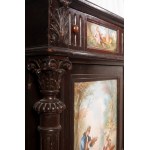 Ebonized wood sideboard early 20th century 120 x 94 x 45 cm with two doors and two drawers with polychrome porcelain plaque finishes with genre scenes. State of preservation: good, Ebonized wood sideboard early 20th century 120 x 94 x 45 cm with two doors