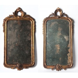 Pair of wall mirrors early 19th century 64 x 33 cm with gilded wooden candle holder. Rectangular shape with rounded corners, floral decoration at the base and at the top cymatium with curly leaf fronds. State of conservation: wear to the glass and gilding