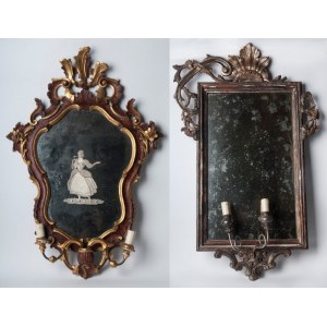 Lot of two wall sconces with mirror first half of the 20th century of baroque shapes: one with a rectangular profile in silvered wood with two lights with a cymatium, sides and base with racemes and floral motifs 75 x 60 cm; the other with a mixtilinear p