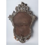 Lot of two wall sconces with mirror first half of the 20th century of baroque shapes: one with a rectangular profile in silvered wood with two lights with a cymatium, sides and base with racemes and floral motifs 75 x 60 cm; the other with a mixtilinear p
