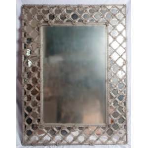 Murano Glass Mirror first half of the 20th century 122 x 90 cm rectangular in shape with a glass frame with diamonds and little flowers. Condition: minimal breakages and some missing flowers., Murano Glass Mirror first half of the 20th century 122 x 90 cm