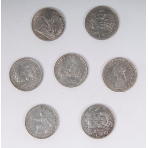 Lot of seven 500 lire silver coins (5 pcs 1961 with quadriga and 2 pcs 1961/1965 with caravels), Lot of seven 500 lire silver coins (5 pcs 1961 with quadriga and 2 pcs 1961/1965 with caravels)