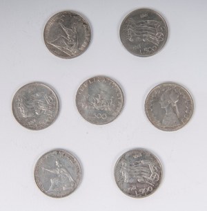 Lot of seven 500 lire silver coins (5 pcs 1961 with quadriga and 2 pcs 1961/1965 with caravels), Lot of seven 500 lire silver coins (5 pcs 1961 with quadriga and 2 pcs 1961/1965 with caravels)