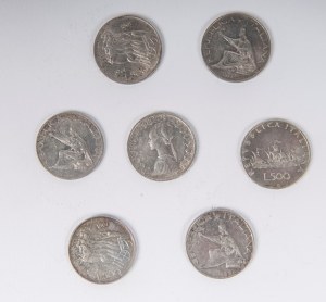Lot of seven 500 lire silver coins (5 pcs 1961 with quadriga and 2 pcs 1961/1965 with caravels), Lot of seven 500 lire silver coins (5 pcs 1961 with quadriga and 2 pcs 1961/1965 with caravels)